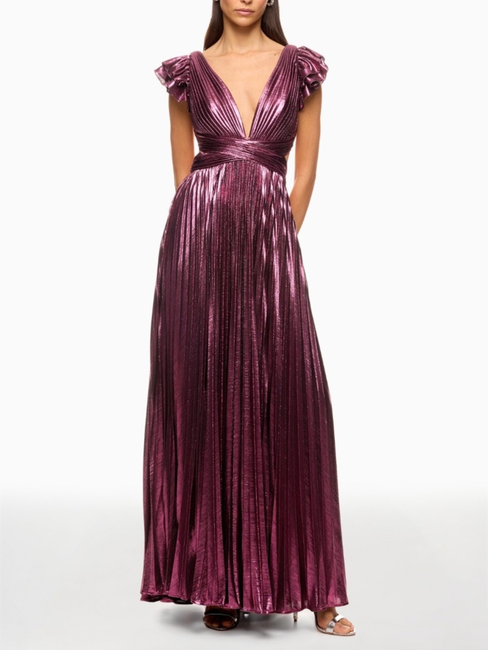 Ieena for Mac Duggal Ruffle Sleeve Metallic Gown Pink Purple Cut Out - Size 4